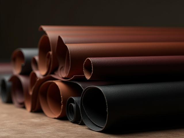 Rolls of high-quality, full-grain leather in various rich colors, ready for selection.