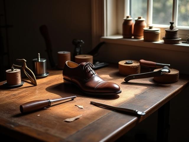A meticulously organized shoemaker's workbench with antique hand tools and a partially finished shoe.