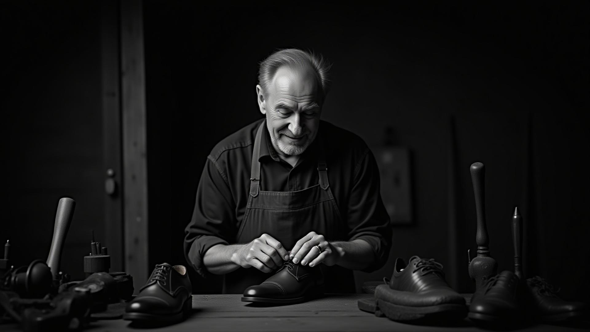 John F. Parker, a master shoemaker, intensely focused at his workbench, surrounded by antique tools, lit by a soft, warm light.