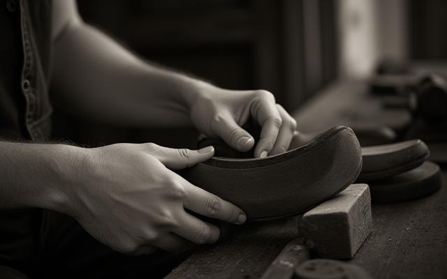 A vintage photograph of a young shoemaker's hands learning on an antique last, evoking tradition.