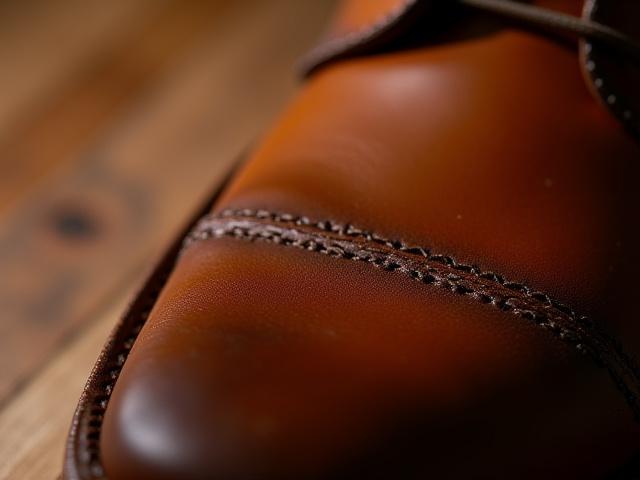 Macro close-up of fine, even stitching along the hand-welt of a dress shoe