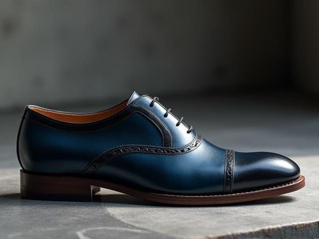Elegant wholecut dress shoe with a subtle, deep indigo patina