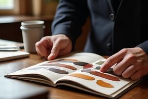 Leather swatch books and design sketches on a craftsman's desk