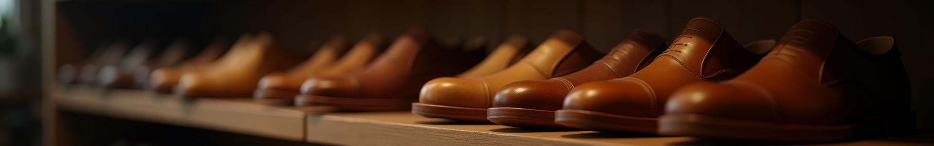 Several finished wooden shoe lasts neatly arranged on a craftsman's shelf in an atelier.