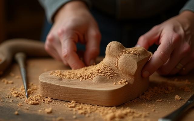 Skilled hands using traditional tools to carve a block of hornbeam wood into a shoe last.