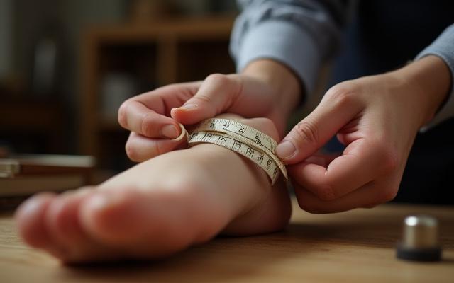 Close-up of a shoemaker meticulously measuring a client's foot with a measuring tape.