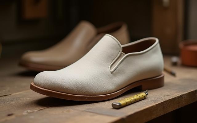 A simple, unadorned trial shoe made from canvas or soft leather, placed on a workbench.