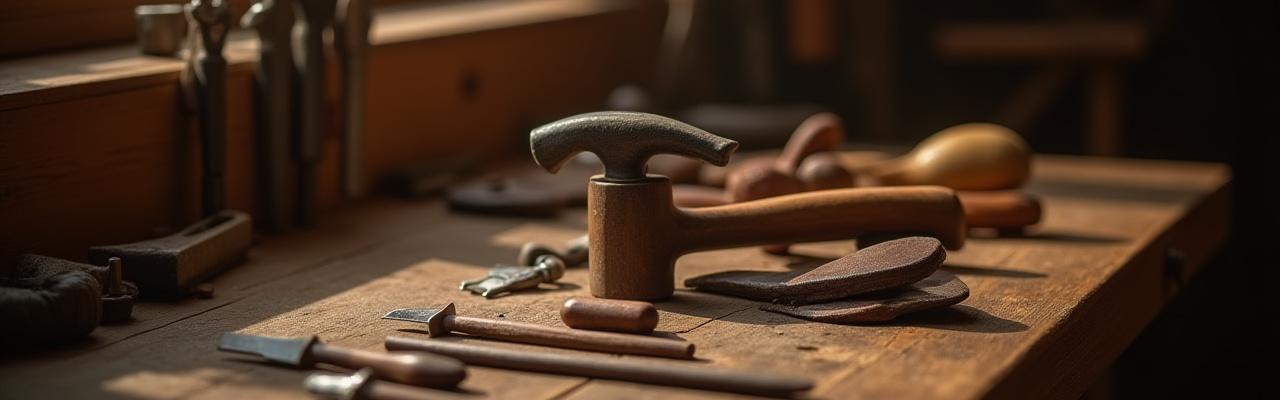 Artisan shoemaker's tools laid out on a wooden workbench, bathed in soft, warm light