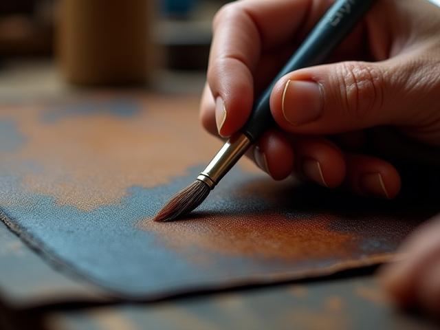 Close-up of leather being hand-finished to create a rich patina effect