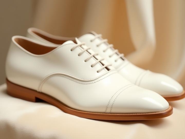 Elegant white bespoke wedding shoes on a velvet cushion