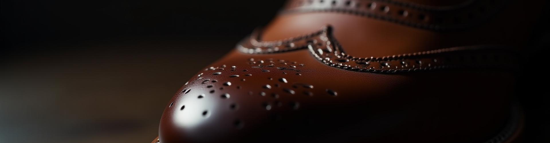 Close-up of intricate broguing perforations and stitching on a leather shoe