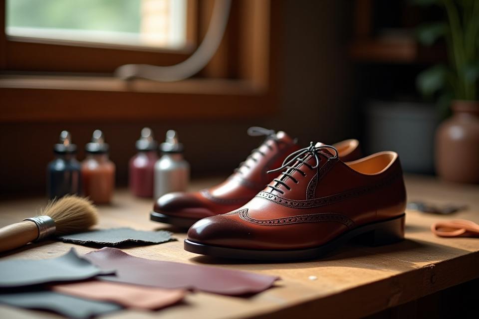A collection of leather swatches, a patina brush, and a finished bespoke oxford brogue shoe, illustrating customization.