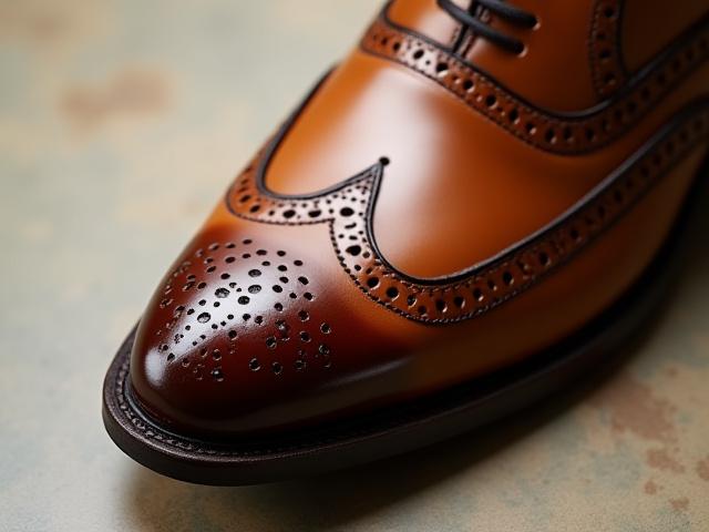 Close-up of a full brogue (wingtip) shoe with ornate perforations