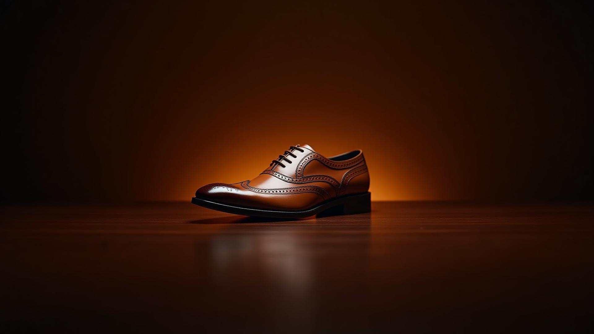 Beautifully lit classic tan leather full-brogue Oxford on a polished wooden surface