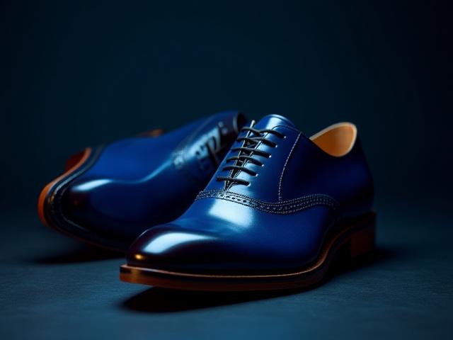Striking pair of deep blue wholecut oxford shoes with a rich patina finish.
