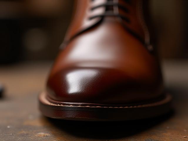 Close-up view of a beautifully burnished toe on a brown derby shoe, highlighting the depth of color and texture.