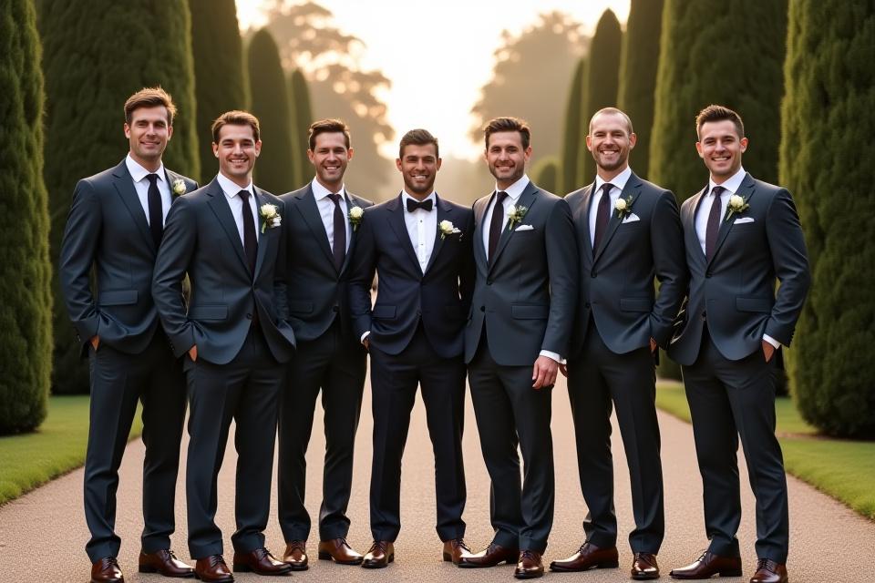 A group of impeccably dressed groomsmen, showcasing their coordinated JOHN F PARKER bespoke shoes on a wedding day.