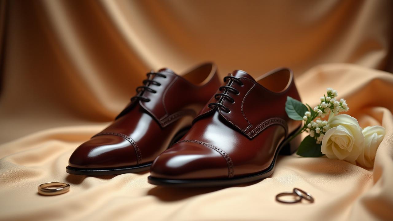 A pair of immaculately crafted bespoke wedding shoes, perhaps placed beside wedding rings or a delicate boutonnière on a soft, elegant background.