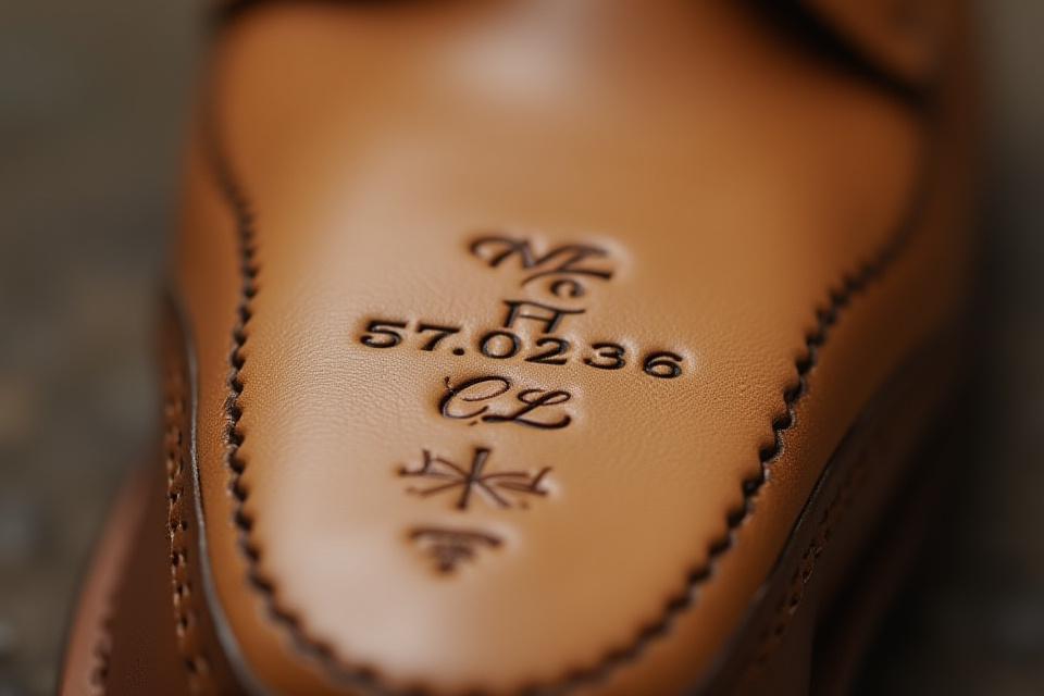 Close-up of a leather shoe sole with delicately hand-punched initials and a wedding date.